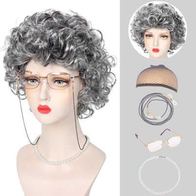 Askuang Old Lady Costume for Women, 100 Days of School Grandma Wig Costume Set Fancy Dress Party Accessories Gray Hair Granny Wig Kit