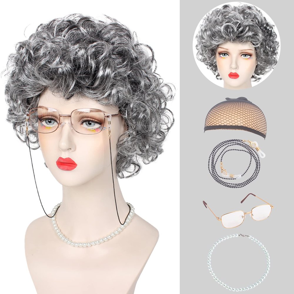 Askuang Old Lady Costume for Women, 100 Days of School Grandma Wig Costume Set Fancy Dress Party Accessories Gray Hair Granny Wig Kit