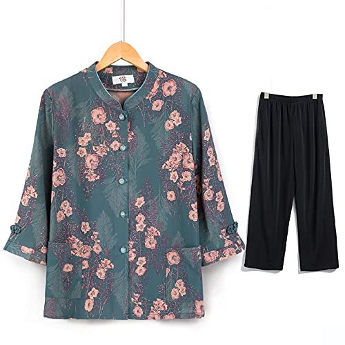 Summer Thin Two-Piece Suit, Middle-Aged and Elderly Women's Shirt, Mother's Three-Quarter Sleeve Suit (Color : Green Set, Size : 5X-Large)