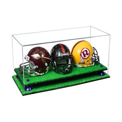 Better Display Cases Acrylic Three Mini - Miniature Football Helmets (not Full Size) Display Case with Clear Case, Dark Blue Risers and Turf Base 19.25" x 8.25" x 8" (V47/A103)