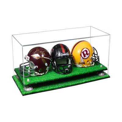 Better Display Cases Acrylic Three Mini - Miniature Football Helmets (not Full Size) Display Case with Clear Case, White Risers and Turf Base 19.25" x 8.25" x 8" (V47/A103)