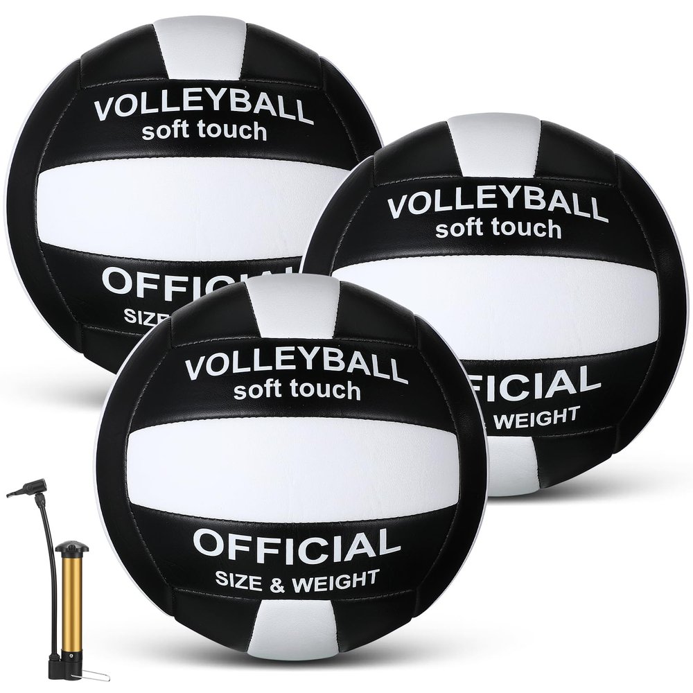 Honoson 3 Pack Official Size 5 Volleyball Balls with Pump PU Leather Soft Indoor Outdoor Volley Ball Training Game Beginner Practice Beach Pool Play Gym Back to School(Black, White)