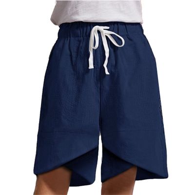 Womens Irregular Hem Drawstring Shorts Elastic Waist Cotton Linen Straight Shorts Cross Knee Length Lounge Shorts (Dark Blue,Small)