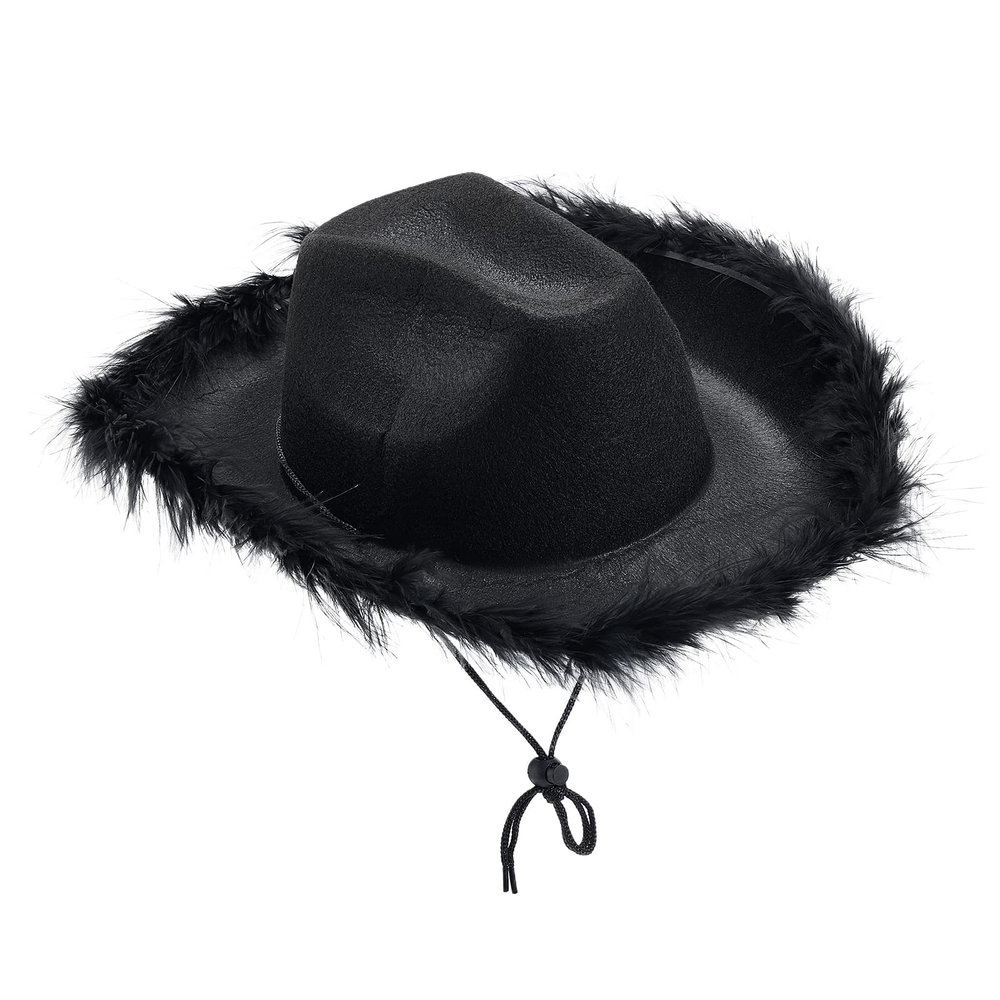 Cowboy Hat Fluffy Feather Trim Cowgirl Hat Women Adult Western Felt Cow Girl Hat Fancy Dress Party Halloween Cosplay Costume (Fluffy Black, One Size)