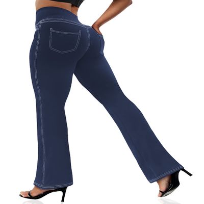 VOOVEEYA Women's Bootcut Leggings - Bootleg Yoga Pants Flare with 4 Pockets,Tummy Control High Waisted Casual Dress PantsBootcut-Petite Navy Blue-2XL