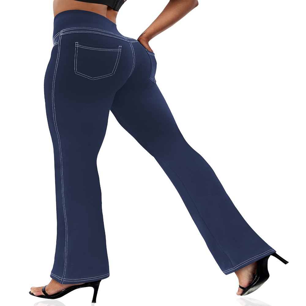 VOOVEEYA Women's Bootcut Leggings - Bootleg Yoga Pants Flare with 4 Pockets,Tummy Control High Waisted Casual Dress PantsBootcut-Petite Navy Blue-2XL