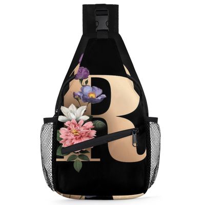 bisibuy Floral Gold R Letter Sling Bag for Women Men Crossbody Sling Backpack Shoulder Bag Chest Bag Daypack for Travel Hiking Outdoor
