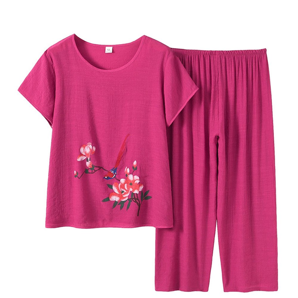 Elderly Floral Print Summer Suit Mother Short Sleeve Cotton Silk Elderly Summer Clothes Trousers Plus Size Women Suits Hot Pink