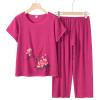 Elderly Floral Print Summer Suit Mother Short Sleeve Cotton Silk Elderly Summer Clothes Trousers Plus Size Women Suits Hot Pink view 2