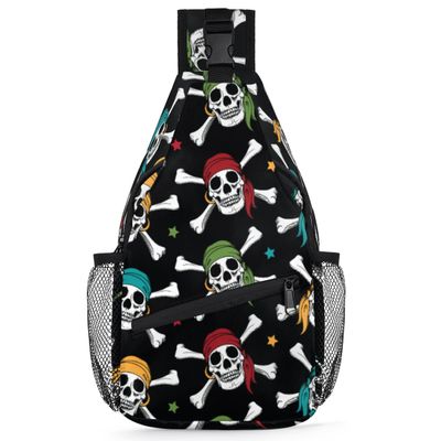 bisibuy Colorful Skull Pirates Sling Bag for Women Men Crossbody Sling Backpack Shoulder Bag Chest Bag Daypack for Travel Hiking Outdoor