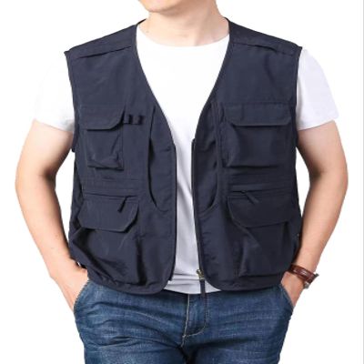 Flygo Men's Utility Cargo Vest Outdoor Summer Work Photo Fishing Safari Travel Vest with Pockets(01NavyBlue-L)
