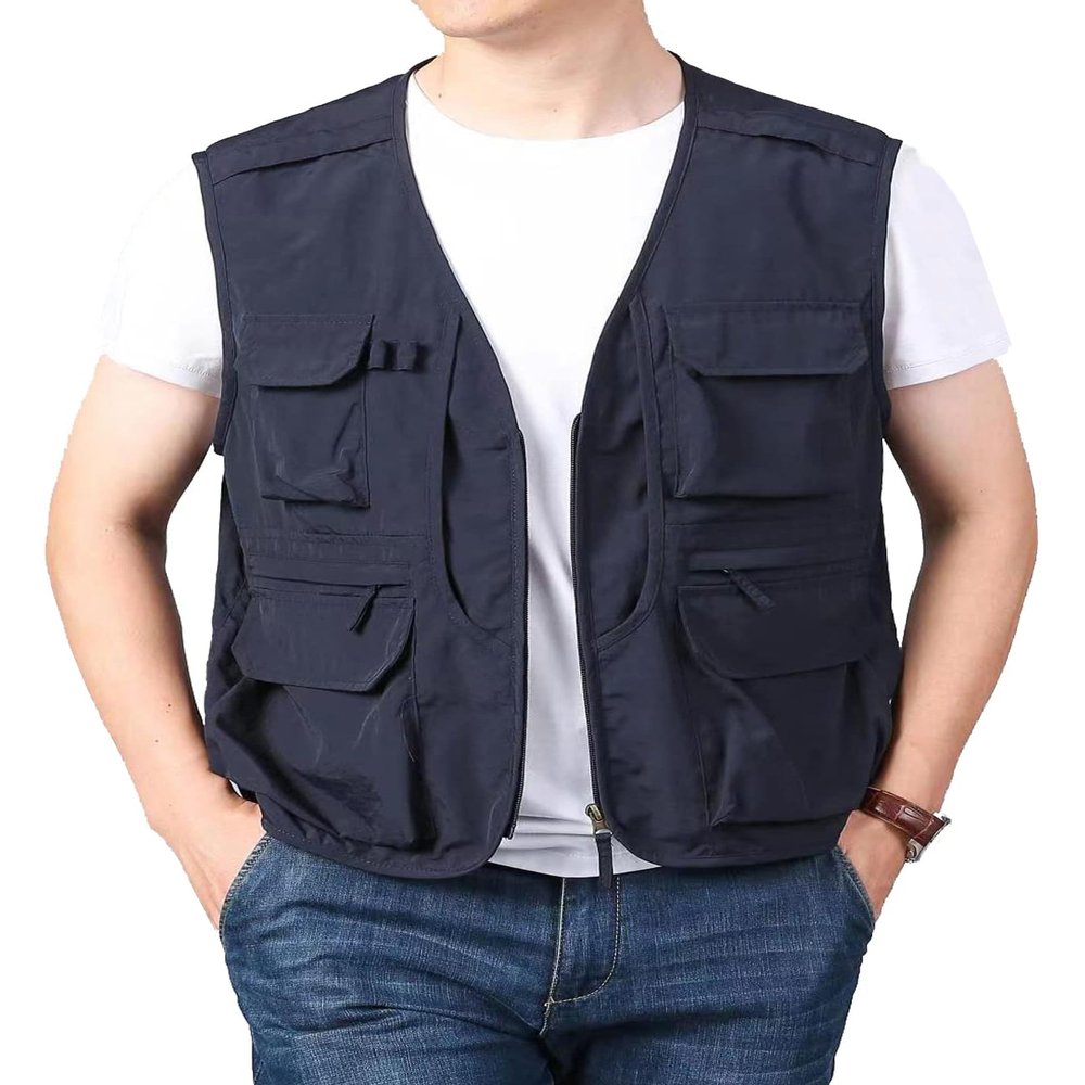 Flygo Men's Utility Cargo Vest Outdoor Summer Work Photo Fishing Safari Travel Vest with Pockets(01NavyBlue-L)