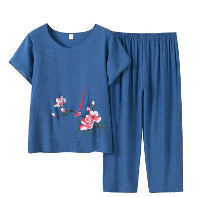 Elderly Floral Print Summer Suit Mother Short Sleeve Cotton Silk Elderly Summer Clothes Trousers Plus Size Women Suits Blue