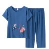 Elderly Floral Print Summer Suit Mother Short Sleeve Cotton Silk Elderly Summer Clothes Trousers Plus Size Women Suits Blue
