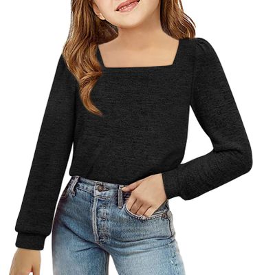 BZB Girls Clothes 2025 Fall Fashion Puff Sleeve Cute Shirts Square Neck Tunic Tops Black Size 9-10