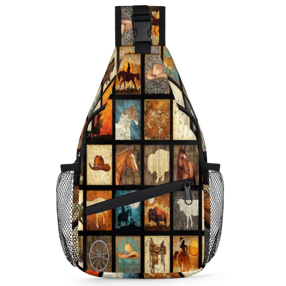 bisibuy Cowboy Horse Plaid Sling Bag for Women Men Crossbody Sling Backpack Shoulder Bag Chest Bag Daypack for Travel Hiking Outdoor
