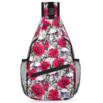 bisibuy Gothic Sugar Skull Flower Sling Bag for Women Men Crossbody Sling Backpack Shoulder Bag Chest Bag Daypack for Travel Hiking Outdoor