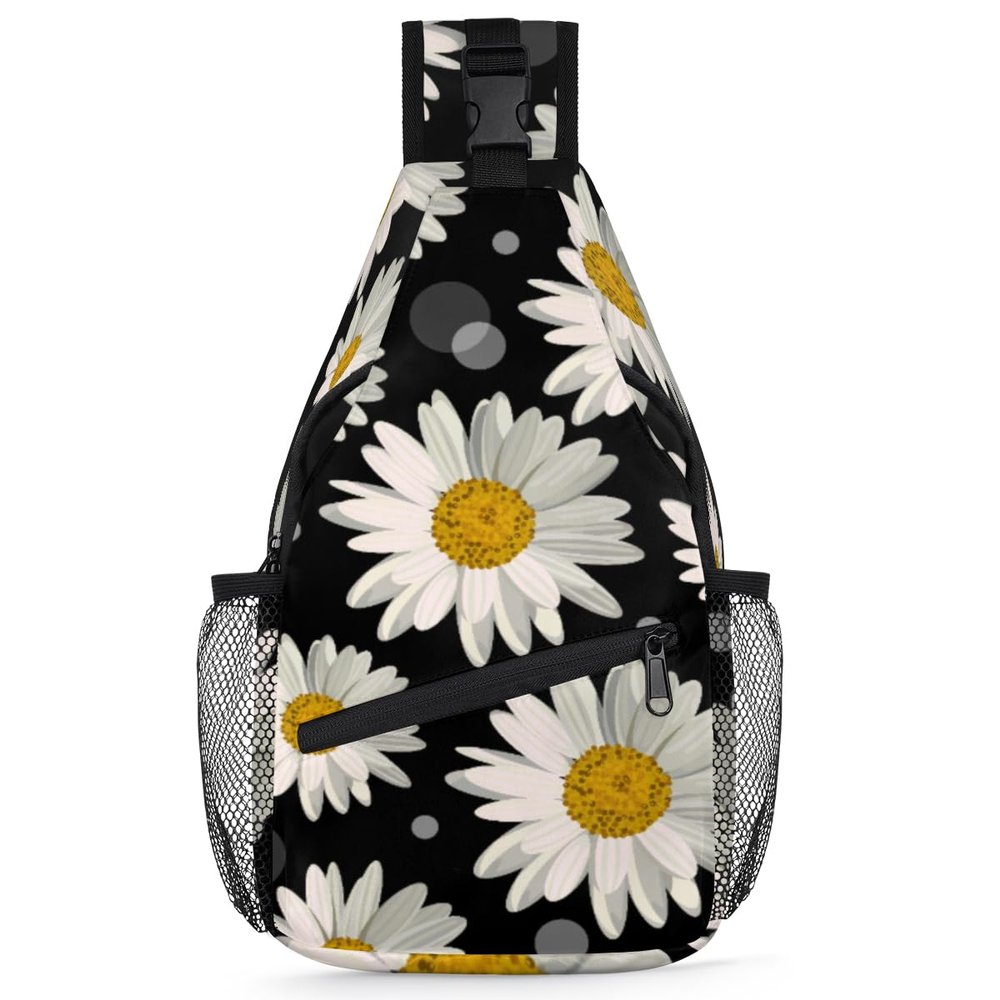bisibuy Flower White Daisy Sling Bag for Women Men Crossbody Sling Backpack Shoulder Bag Chest Bag Daypack for Travel Hiking Outdoor