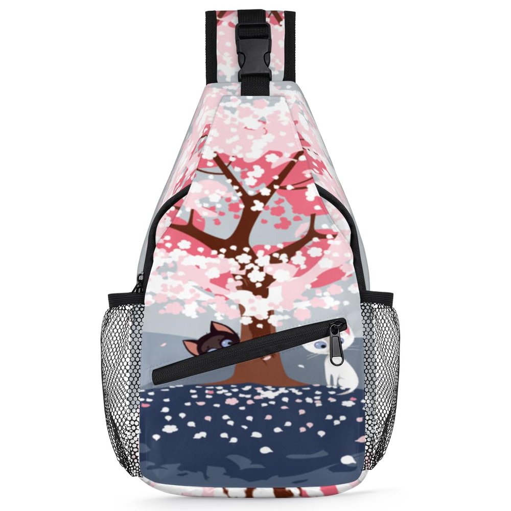 bisibuy Cherry Blossom Cat Kitten Sling Bag for Women Men Crossbody Sling Backpack Shoulder Bag Chest Bag Daypack for Travel Hiking Outdoor