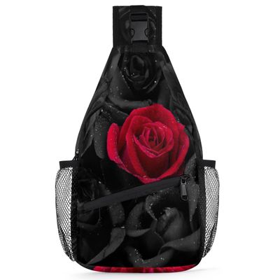 bisibuy Black And Red Flower Roses Sling Bag for Women Men Crossbody Sling Backpack Shoulder Bag Chest Bag Daypack for Travel Hiking Outdoor
