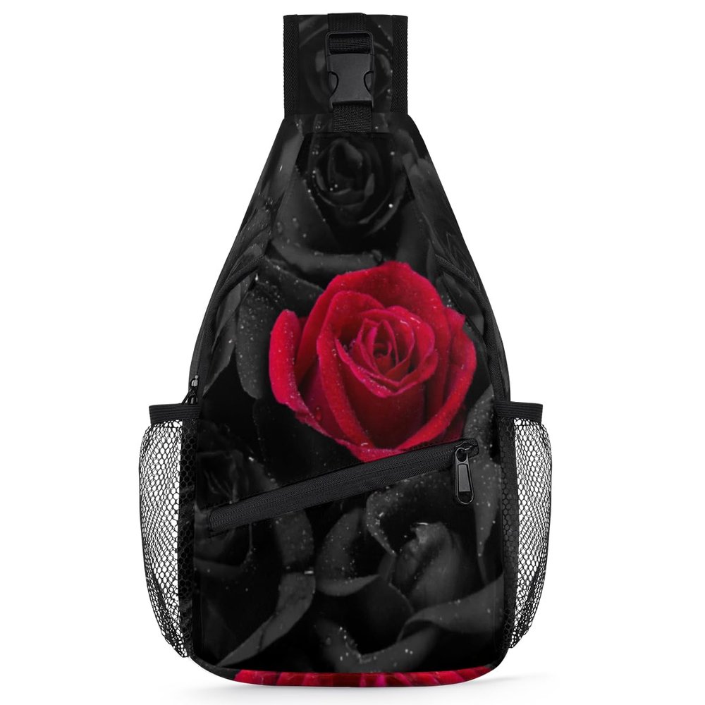 bisibuy Black And Red Flower Roses Sling Bag for Women Men Crossbody Sling Backpack Shoulder Bag Chest Bag Daypack for Travel Hiking Outdoor