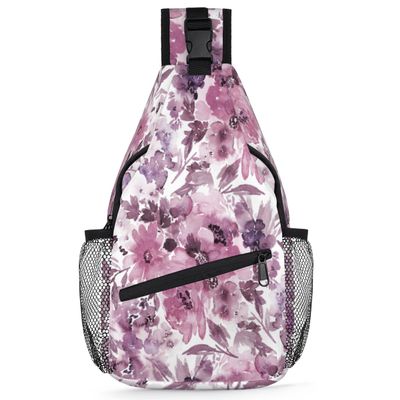 bisibuy Purple Flower Painted Sling Bag for Women Men Crossbody Sling Backpack Shoulder Bag Chest Bag Daypack for Travel Hiking Outdoor