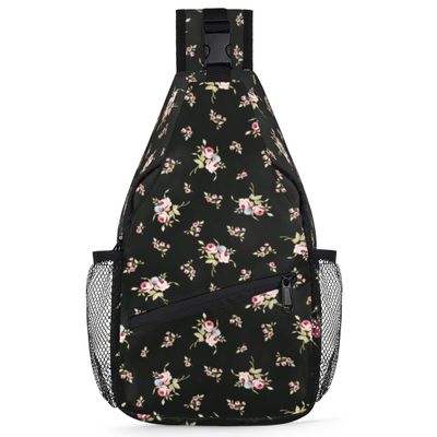 bisibuy Seamless Floral Pattern Small Red Roses Sling Bag for Women Men Crossbody Sling Backpack Shoulder Bag Chest Bag Daypack for Travel Hiking Outdoor