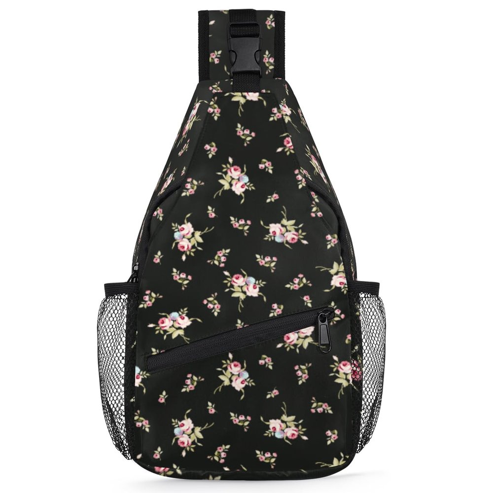 bisibuy Seamless Floral Pattern Small Red Roses Sling Bag for Women Men Crossbody Sling Backpack Shoulder Bag Chest Bag Daypack for Travel Hiking Outdoor