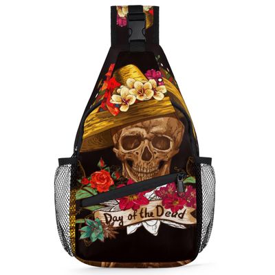 bisibuy Day Of The Dead Flower Skull Sling Bag for Women Men Crossbody Sling Backpack Shoulder Bag Chest Bag Daypack for Travel Hiking Outdoor