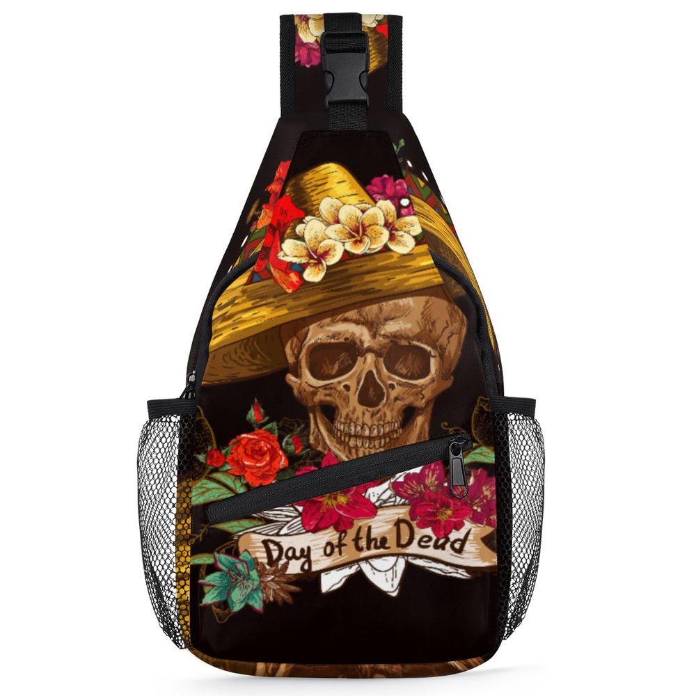 bisibuy Day Of The Dead Flower Skull Sling Bag for Women Men Crossbody Sling Backpack Shoulder Bag Chest Bag Daypack for Travel Hiking Outdoor