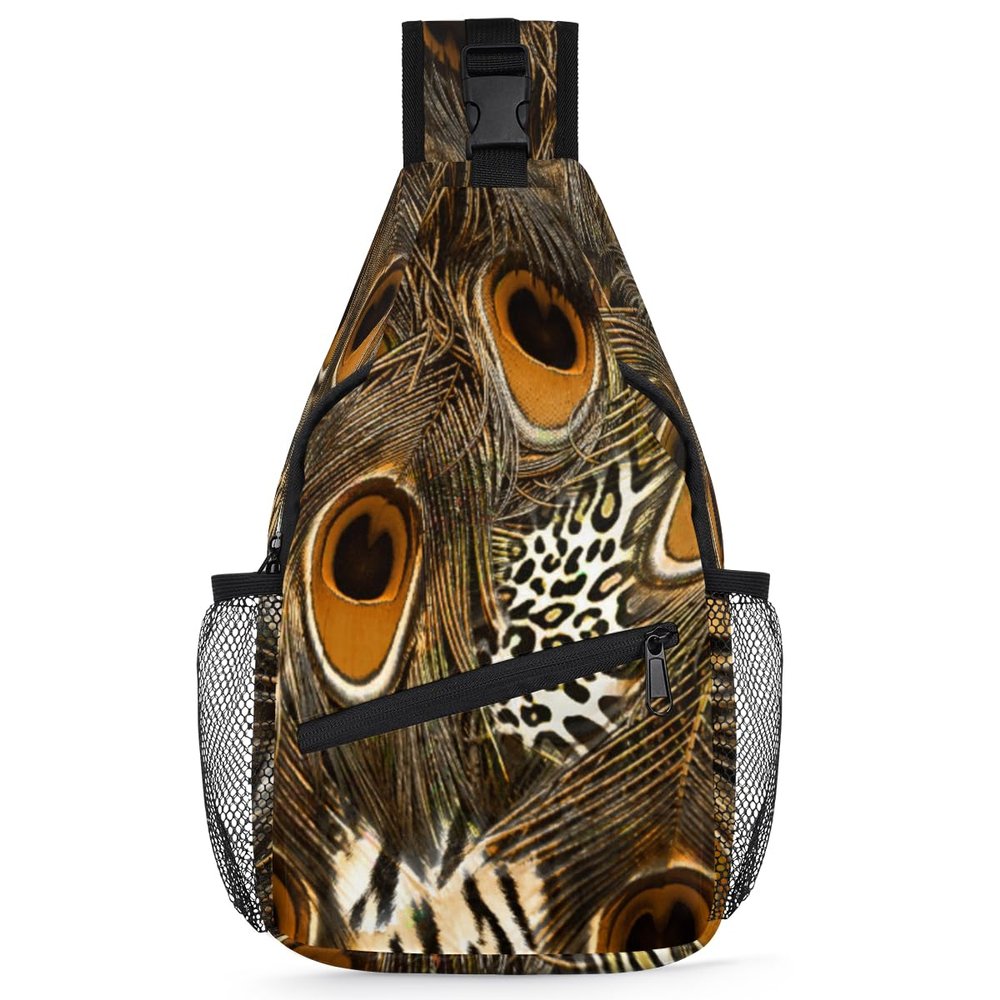 bisibuy Leopard Peacock Feather Sling Bag for Women Men Crossbody Sling Backpack Shoulder Bag Chest Bag Daypack for Travel Hiking Outdoor