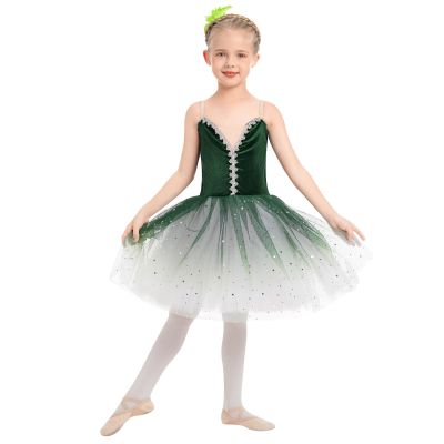 AFAVOM Ballet Leotards for Girls Sequin Velvet Camisole Leotard Skirted Performance Swan Lake Ballet Dance Dress Glitter Ballerina Costume Dancewear for Toddler Kids Green - Velvet 13-14 Years