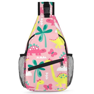 bisibuy Pink Dinosaur Sling Bag for Women Men Crossbody Sling Backpack Shoulder Bag Chest Bag Daypack for Travel Hiking Outdoor