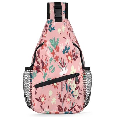 bisibuy Pink Background Colorful Flowers Sling Bag for Women Men Crossbody Sling Backpack Shoulder Bag Chest Bag Daypack for Travel Hiking Outdoor