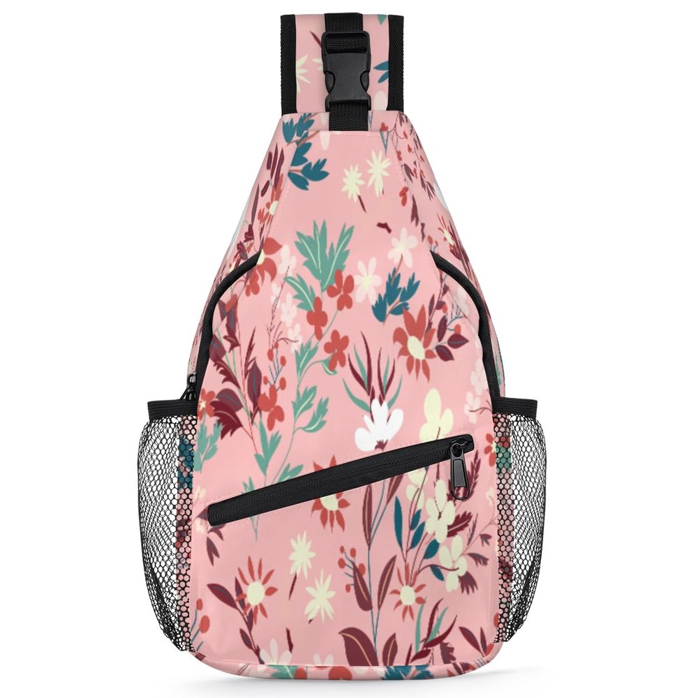 bisibuy Pink Background Colorful Flowers Sling Bag for Women Men Crossbody Sling Backpack Shoulder Bag Chest Bag Daypack for Travel Hiking Outdoor