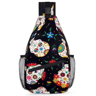 bisibuy Day Of The Dead Mexican Sugar Skull Sling Bag for Women Men Crossbody Sling Backpack Shoulder Bag Chest Bag Daypack for Travel Hiking Outdoor