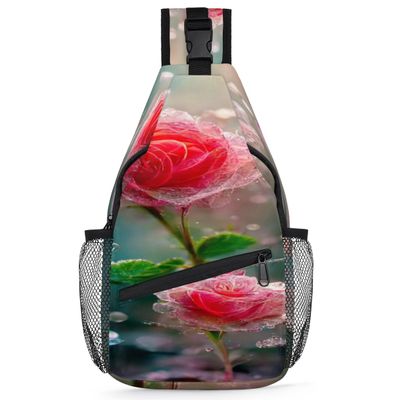bisibuy Ice Red Flower Sling Bag for Women Men Crossbody Sling Backpack Shoulder Bag Chest Bag Daypack for Travel Hiking Outdoor