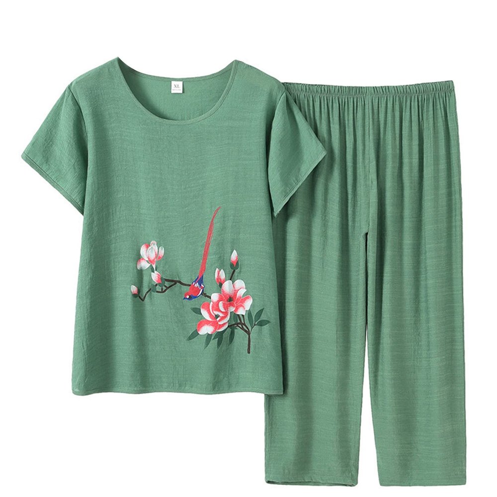 Elderly Floral Print Summer Suit Mother Short Sleeve Cotton Silk Elderly Summer Clothes Trousers Plus Size Women Suits Green