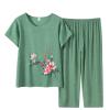 Elderly Floral Print Summer Suit Mother Short Sleeve Cotton Silk Elderly Summer Clothes Trousers Plus Size Women Suits Green view 1