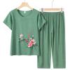 Elderly Floral Print Summer Suit Mother Short Sleeve Cotton Silk Elderly Summer Clothes Trousers Plus Size Women Suits Green view 2