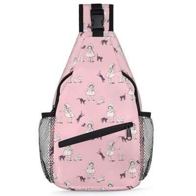 bisibuy Pink Cat Dog Print Sling Bag for Women Men Crossbody Sling Backpack Shoulder Bag Chest Bag Daypack for Travel Hiking Outdoor