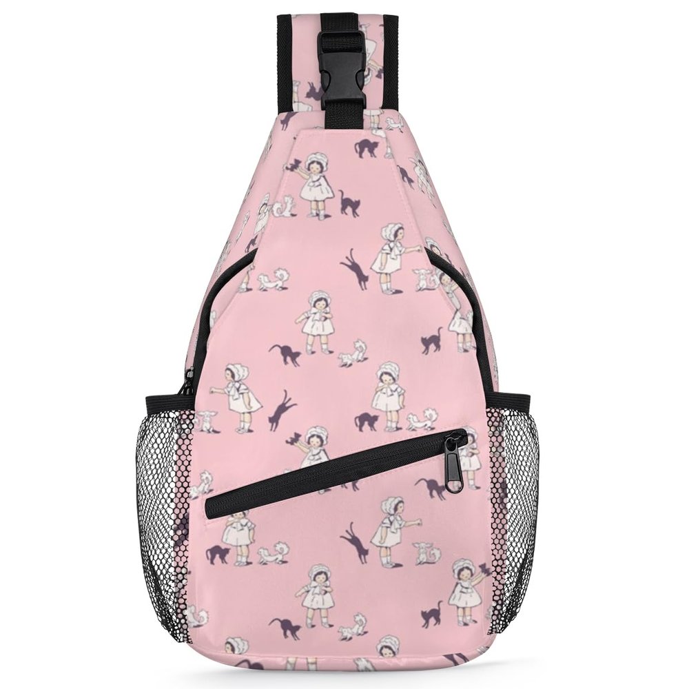 bisibuy Pink Cat Dog Print Sling Bag for Women Men Crossbody Sling Backpack Shoulder Bag Chest Bag Daypack for Travel Hiking Outdoor