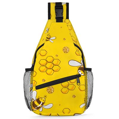 bisibuy Cute Bee Honeycomb Sling Bag for Women Men Crossbody Sling Backpack Shoulder Bag Chest Bag Daypack for Travel Hiking Outdoor