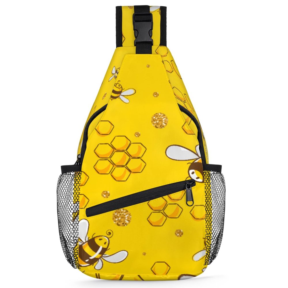 bisibuy Cute Bee Honeycomb Sling Bag for Women Men Crossbody Sling Backpack Shoulder Bag Chest Bag Daypack for Travel Hiking Outdoor