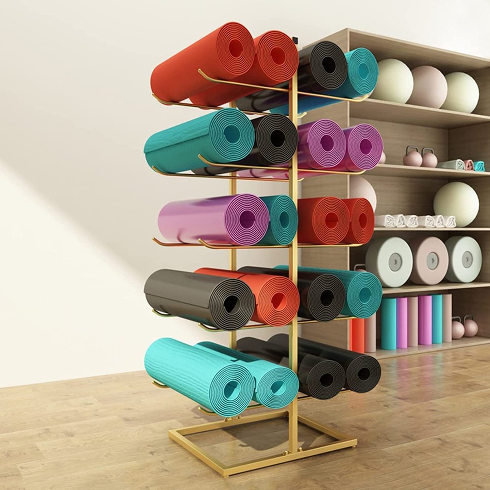 Katzowen 5-Tier Storage Rack for Yoga Mats Foam Roller, Free Standing Vertical Large Workout Mats Organizer, Home Gym School Equipment, Metal Iron