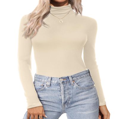 Ekouaer Women's Turtleneck Long Sleeve Shirts Thermal Underwear Tops Basic Slim Fit Fall Fashion Lightweight Top Light Khaki XXL