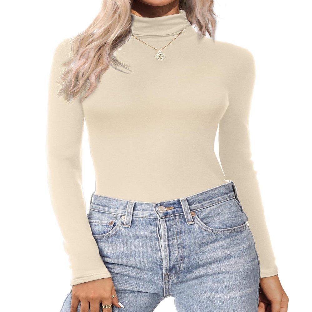 Ekouaer Women's Turtleneck Long Sleeve Shirts Thermal Underwear Tops Basic Slim Fit Fall Fashion Lightweight Top Light Khaki XXL