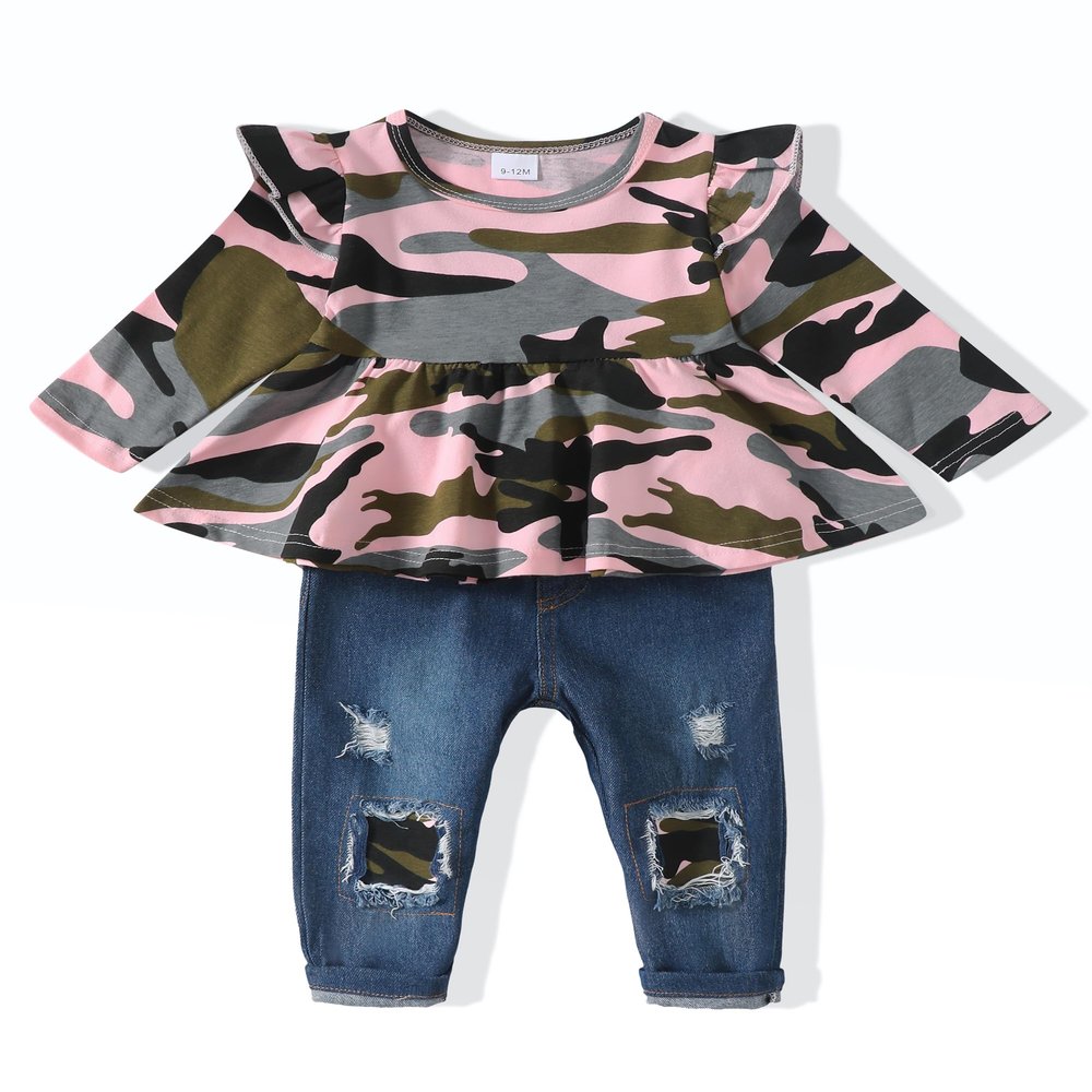 SODLON Toddler Girl Clothes 3T 4T Winter Fall Outfits Long Sleeve Ruffle Pink Camo Shirts Top Ripped Jeans Denim Pants Spring 3-4 Year Clothing Sets for Little Girls