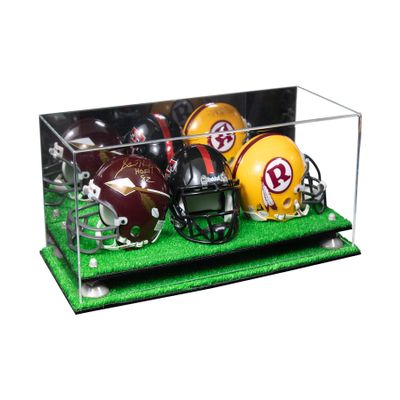 Better Display Cases Acrylic Three Mini - Miniature Football Helmets (not Full Size) Display Case with Mirror Case, White Risers and Turf Base 19.25" x 8.25" x 8" (V47/A103)