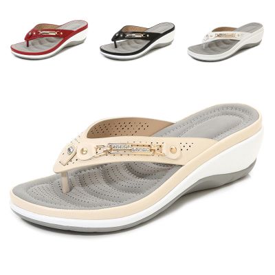 Crepuscute Women's Rhinestone Leather Platform Wedge Flip-Flop Slip-On Summer Beach Comfortable Low Top Walking Shoes Outdoor Party Travel Fashion Slide Sandals (Yellow,8)